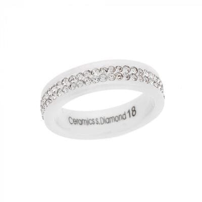 Δαχτυλίδι Stainless White Ceramic Steel με Κρύσταλλα