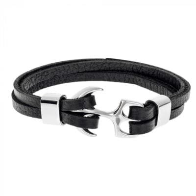 Stainless Steel Bracelet Leather with large Silver Anchor