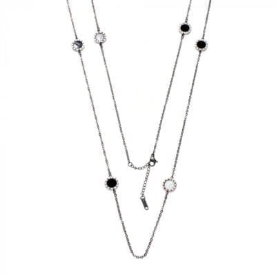 Κολιέ Stainless Steel αλυσίδα με μαύρο χρώμα και στρογγυλές πέτρες διπλής όψεως