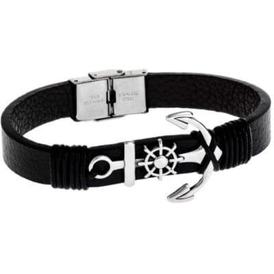 Thick leather Stainless Steel bracelet with ornate anchor