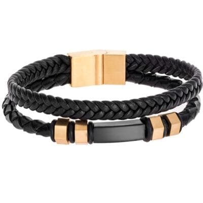 Stainless Steel Bracelet Double Leather with Gold Details