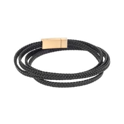 Bracelet Men's Steel Black Leather Strap