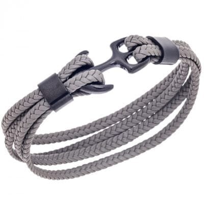 Men's Steel Grey Leather Strap Bracelet