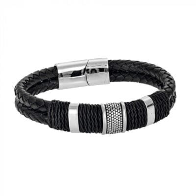 Stainless Steel Bracelet Leather with silver and black lock
