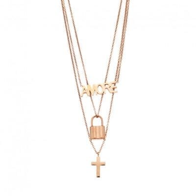 Stainless Steel triple chain necklace with padlock, cross and amore