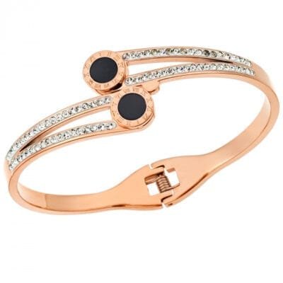 Βραχιόλι Stainless Steel Χειροπέδα με δύο μαύρες πέτρες και strass