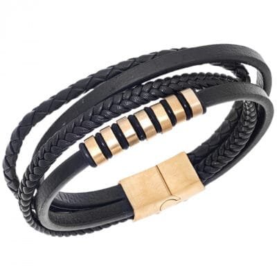 Stainless Steel Bracelet Triple knitted leather with gold details