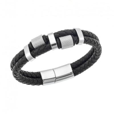 Stainless Steel Bracelet Leather with Silver Symmetrical Lock