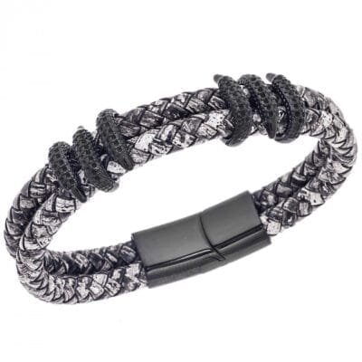 Men's Steel Bracelet Black&White Leather Strap