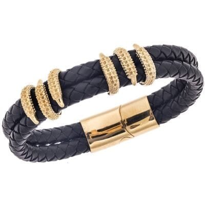 Bracelet Men's Steel Black Leather Strap