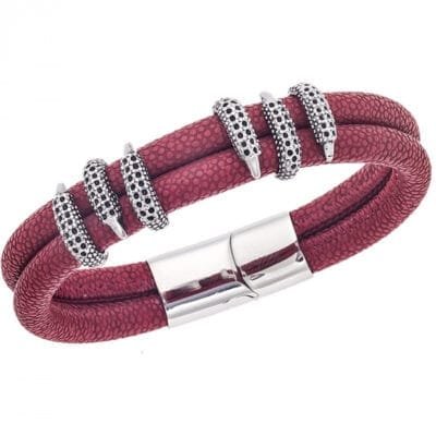 Bracelet Men's Steel Red Leather Strap