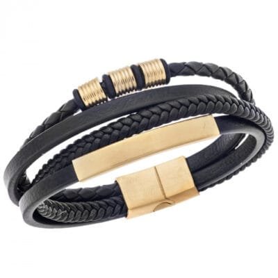 Stainless Steel Bracelet Triple leather with gold details on the lock