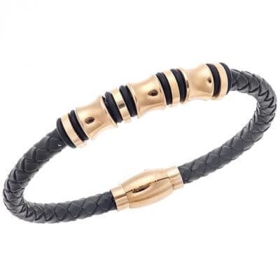 Stainless Steel Bracelet Leather with Black and Gold Lock