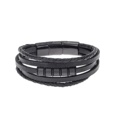 Bracelet Men's Steel Black Leather Strap