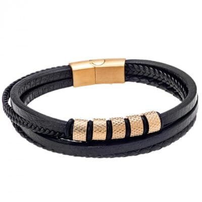 Bracelet Men's Steel Black Leather Strap