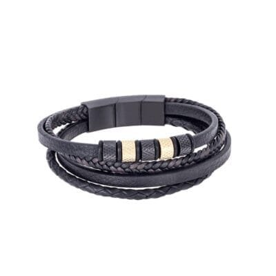 Bracelet Men's Steel Black Leather Strap