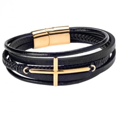 Stainless Steel Bracelet Leather with Gold Cross