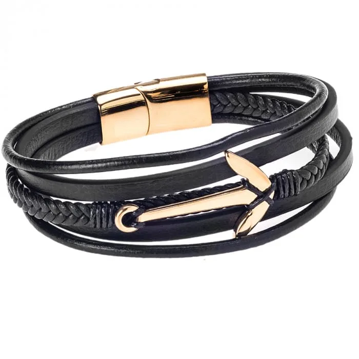 Stainless Steel Black Leather Strap Bracelet with Gold Anchor