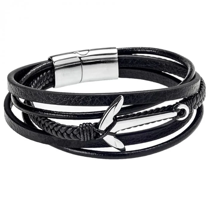 Men's Steel Black Leather Bracelet with Silver Anchor