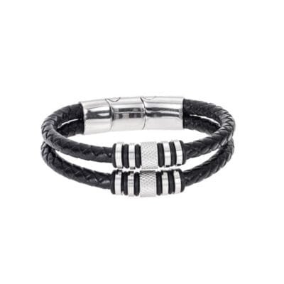 Βραχιόλι Stainless Steel Δερμάτινο με διπλή ασημί λεπτομέρειεα