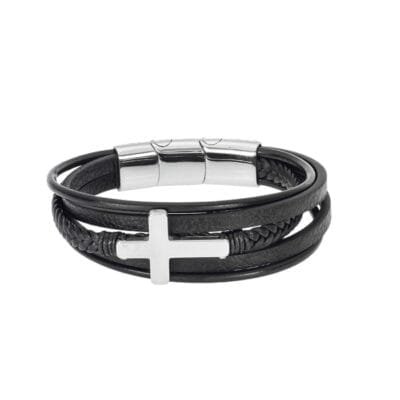 Bracelet Men's Steel Black Leather Strap with Silver Cross