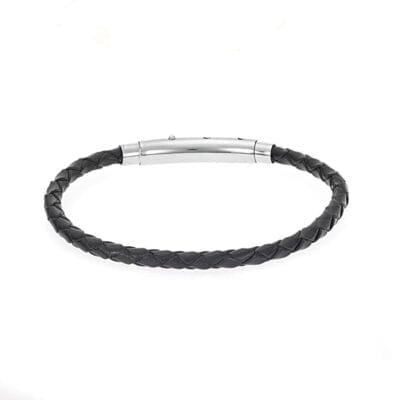 Bracelet Men's Steel Black Leather Strap