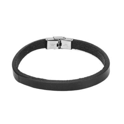 Bracelet Men's Steel Black Leather Strap