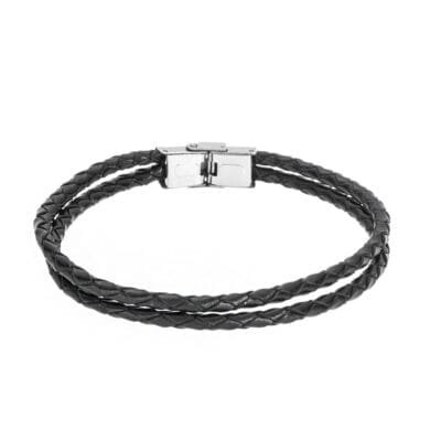 Bracelet Stainless Steel Leather Double Knitted Black