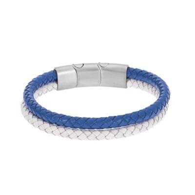 Stainless Steel Bracelet Double Leather in Blue and White color