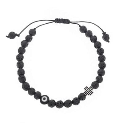 Bracelet Stainless Steel cord with Lava stones, cross and peephole