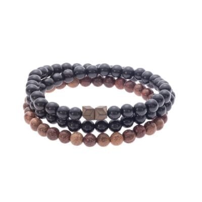 Βραχιόλι Stainless Steel τριπλό με λάστιχο και πέτρες από κόκκινο σανδαλόξυλο και έβενο