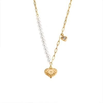 Stainless Steel Pendant Necklace with pearls and heart