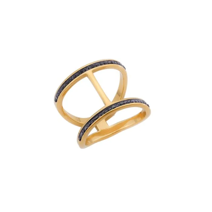 Stainless Steel ring, wide double ring with black stones