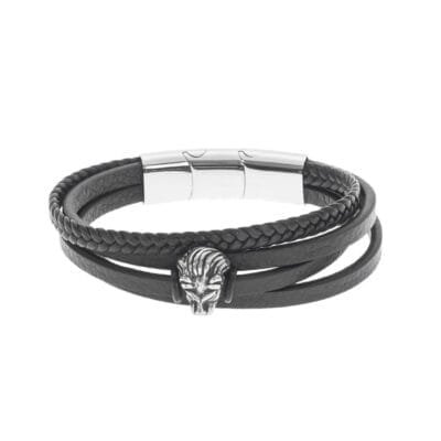 Stainless Steel Bracelet Triple Leather with Lion in Black color
