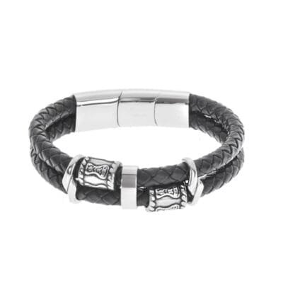 Stainless Steel double leather bracelet with silver details