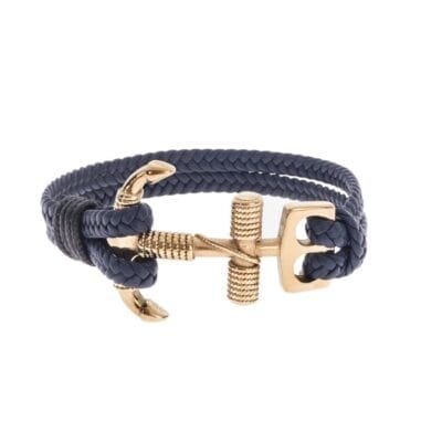 Men's Steel Blue Leather Bracelet with Gold Anchor