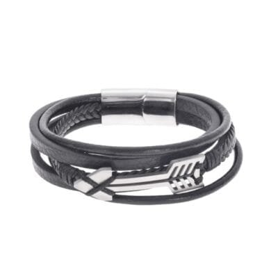Bracelet Men's Steel Black Leather Strap