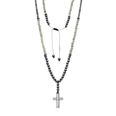 Κολιέ Ροζάριο Με Αιματίτη και Stainless Steel Σταυρό και λευκές πέτρες