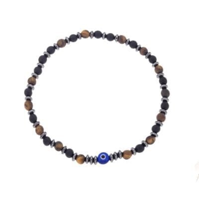 Βραχιόλι Stainless Steelμε Λάστιχο και πέτρες από  Αιματίτη , Όνυχα και Μάτι της Τίγρης