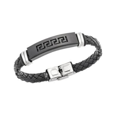 Βραχιόλι Stainless Steel Δερμάτινο πλεκτό με μαύρο band με Μαίανδρο