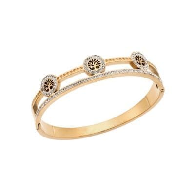 Stainless Steel Bracelet Handcuff with Trees of life and white stones