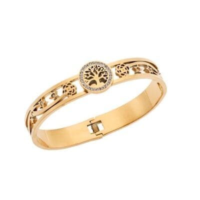 Steel Gold Plated Bracelet, Handcuff with Tree of Life and white stones