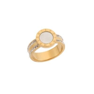 Stainless Steel ring with white mother of pearl stone and white stones