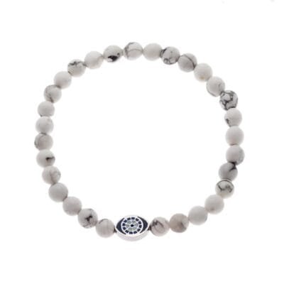 Stainless Steel bracelet with silver eye and white haolite stones 0.6 cm