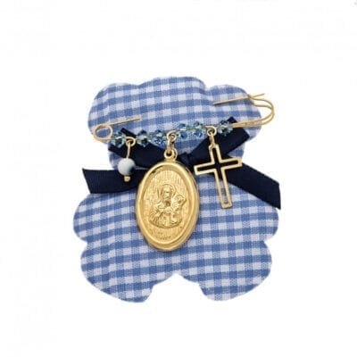 Παραμάνα κίτρινο επιχρυσωμένο ασήμι 925, οβάλ Παναγίτσα, σταυρός, ματάκι και πέτρες