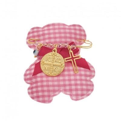 Παραμάνα κίτρινο επιχρυσωμένο ασήμι 925, στρογγυλό κωνσταντινάτο, σταυρός, ματάκι και πέτρες