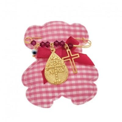 Yellow gold plated sterling silver safety pin, tear shape, cross, eye and stones