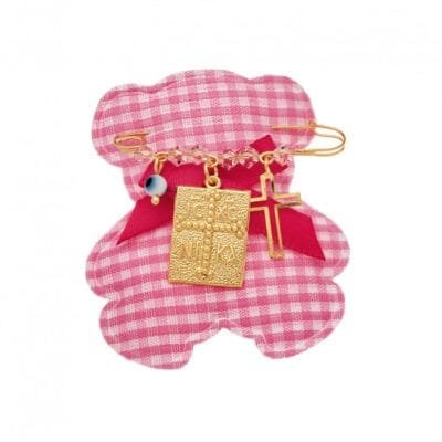 Yellow gold plated safety pin, yellow gold plated sterling silver 925, square Constantinato, cross, eye and stones