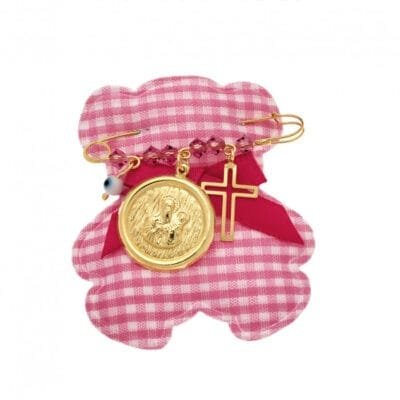 Yellow gold plated silver safety pin 925, round Virgin Mary, cross, eye and stones