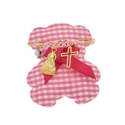 Yellow gold plated silver safety pin 925, Virgin Mary, cross, eye and stones